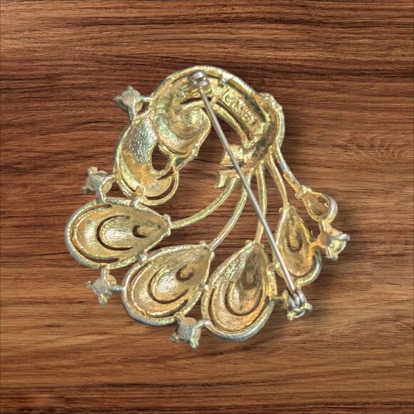 Vintage Lisner Gold-Tone Peacock Feather Brooch With Aurora Borealis Rhinestones - Picture 2 of 6